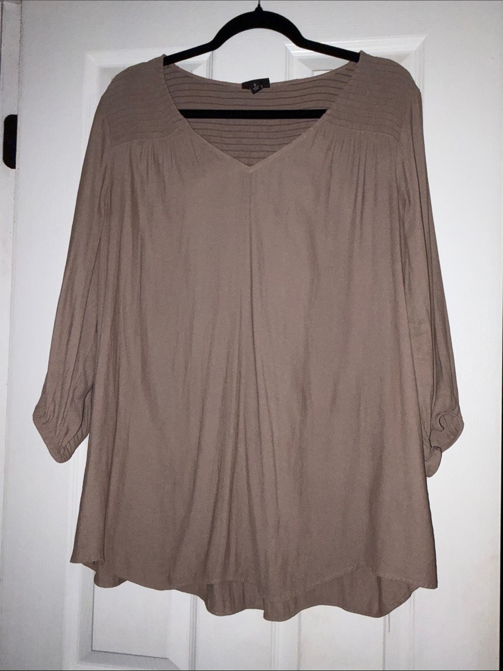 Relaxed V-Neck Smocked Yoke Tunic in Taupe